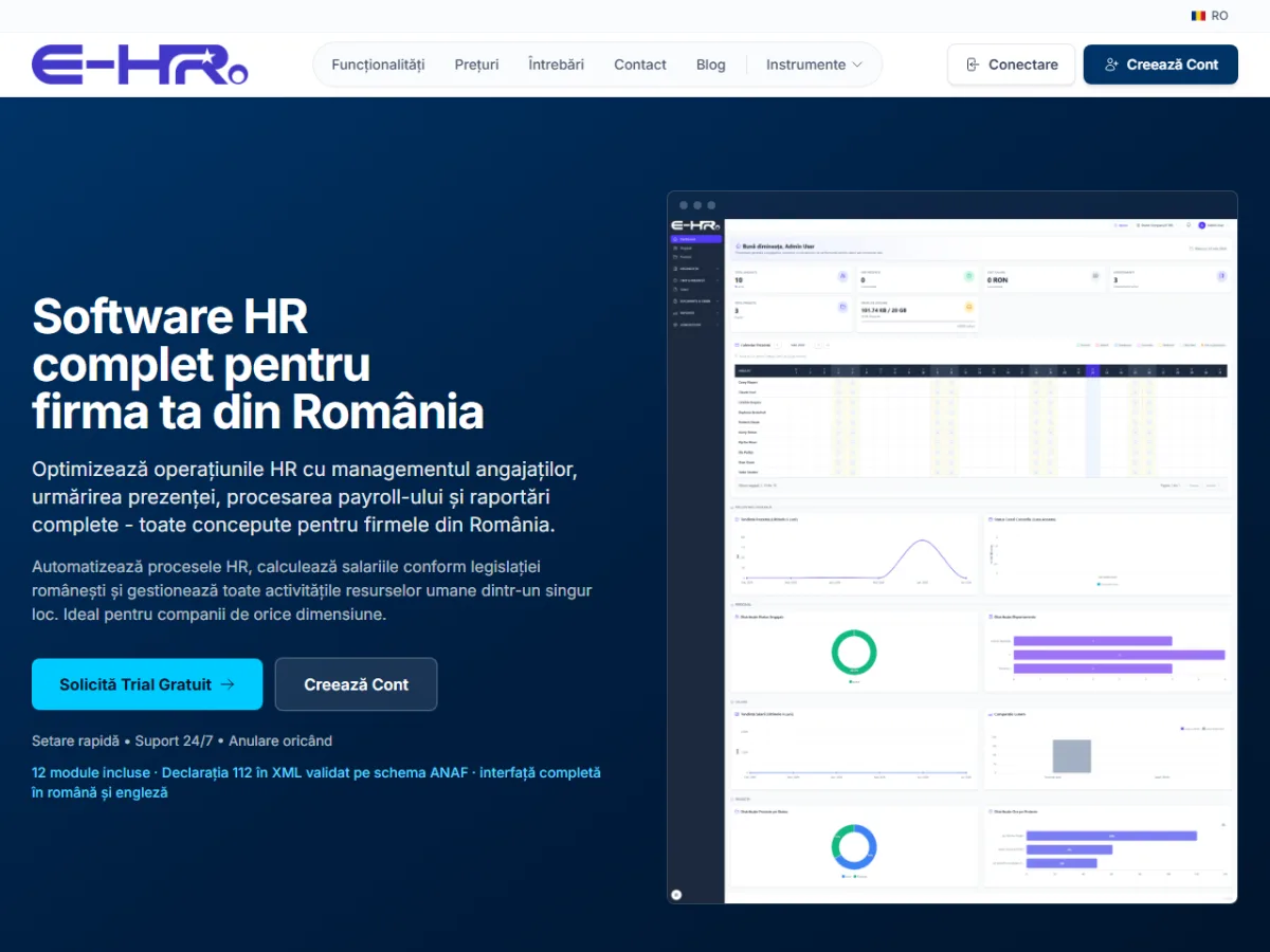 Pagina principală e-HR.ro, cu tabloul de bord al platformei de HR