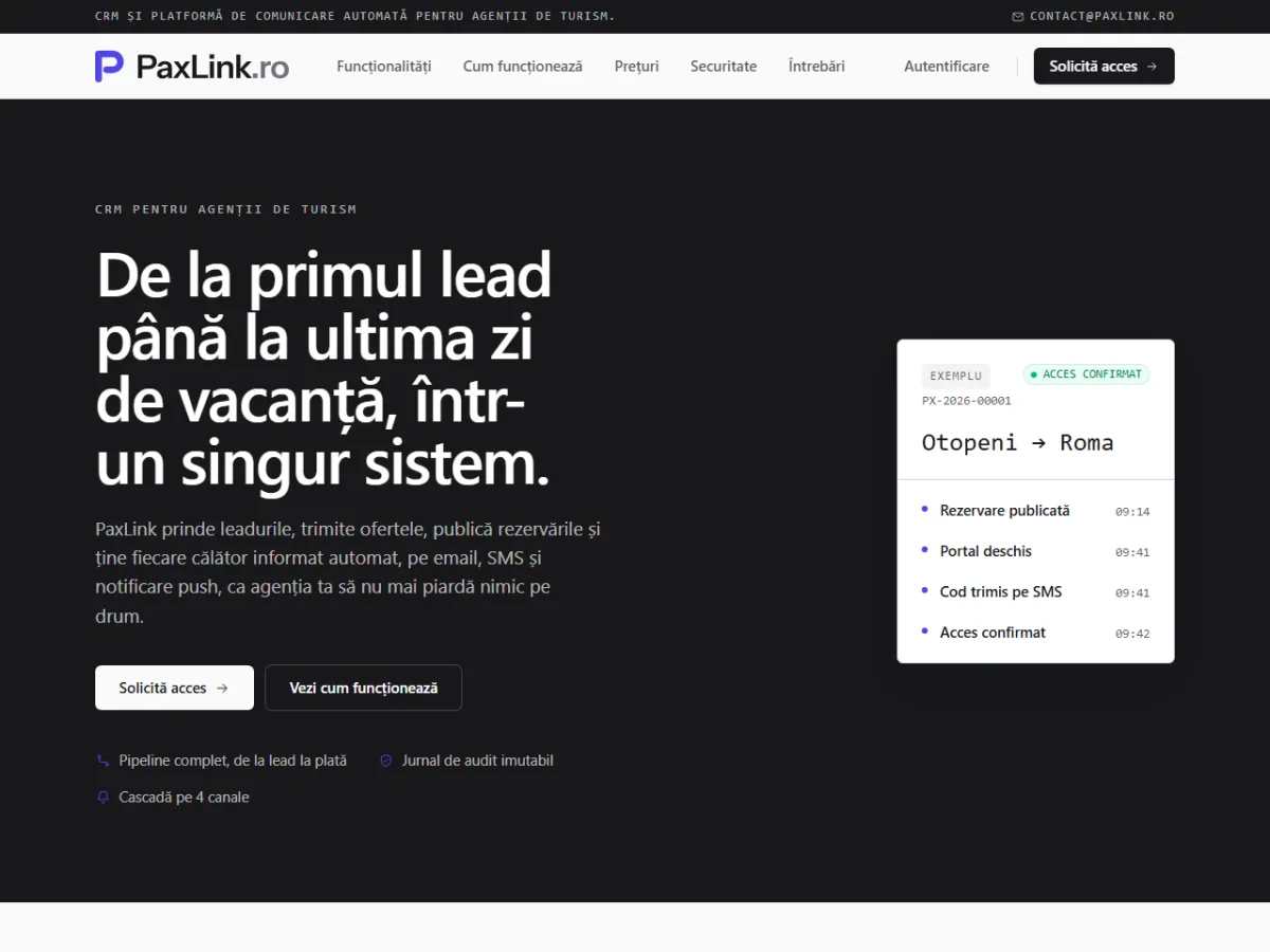 Pagina principală PaxLink.ro, CRM pentru agenții de turism